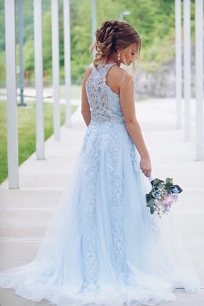 Lovely Light Blue Lace Tulle Prom Dresses, Long Prom Dresses. Simple Prom Dresses