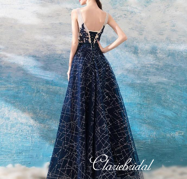 Round Neck Long A-line Navy Sequin Tulle Prom Dresses, Lace Beaded Prom Dresses