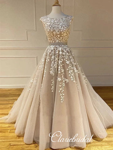 Round Neck Lace Tulle Prom Dresses, Beaded Prom Dresses, Long Prom Dresses