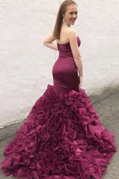 Sweetheart Long Mermaid Plum Satin Organza Prom Dresses, Long Prom Dresses, 2020 Prom Dresses