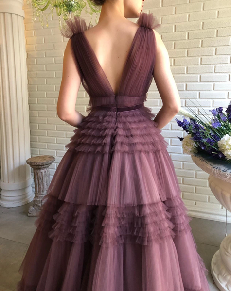 Dusty Purple Long A-line Prom Dresses, Chic Tulle Prom Dresses, High Waist Prom Dresses