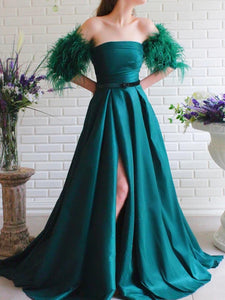 Strapless Long A-line Satin Prom Dresses With Feather Sleeves, Side Slit Prom Dresses, Newest Prom Dresses