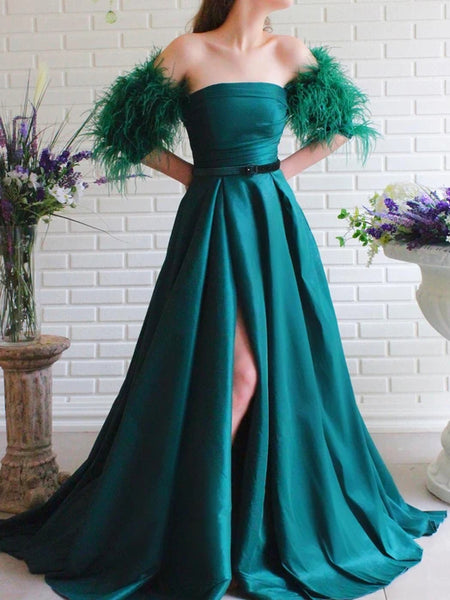Strapless Long A-line Satin Prom Dresses With Feather Sleeves, Side Slit Prom Dresses, Newest Prom Dresses