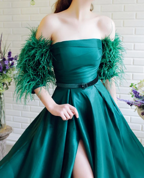 Strapless Long A-line Satin Prom Dresses With Feather Sleeves, Side Slit Prom Dresses, Newest Prom Dresses