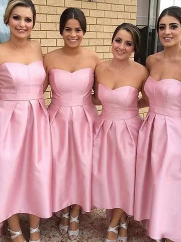 Sweetheart Long Hi-low Pink Satin Bridesmaid Dresses, Simple Bridesmaid Dresses, Long Bridesmaid Dresses