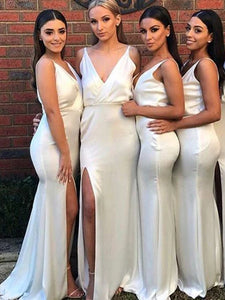 Deep V-neck Long Mermaid Elastic Satin Bridesmaid Dresses, Ivory Bridesmaid Dresses, Side Slit Bridesmaid Dresses