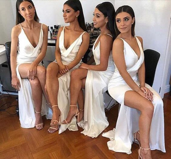 Deep V-neck Long Mermaid Elastic Satin Bridesmaid Dresses, Ivory Bridesmaid Dresses, Side Slit Bridesmaid Dresses