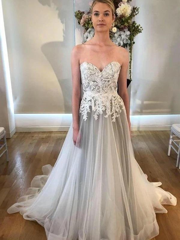 Sweetheart Long A-line Lace Wedding Dresses, Light Grey Wedding Dresses, Popular Bridal Gown