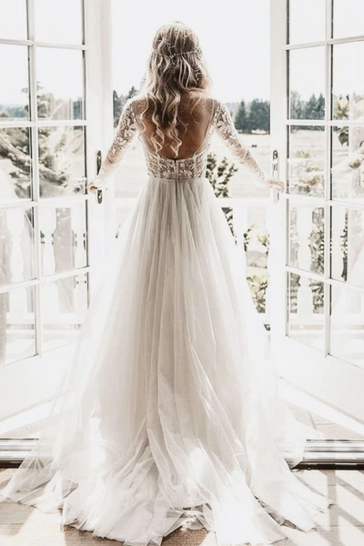 Ivory Lace Appliques Chiffon Wedding Dresses, Simple Long Wedding Dresses, Bridal Gown