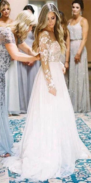 Ivory Lace Appliques Chiffon Wedding Dresses, Simple Long Wedding Dresses, Bridal Gown