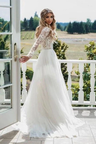 Ivory Lace Appliques Chiffon Wedding Dresses, Simple Long Wedding Dresses, Bridal Gown