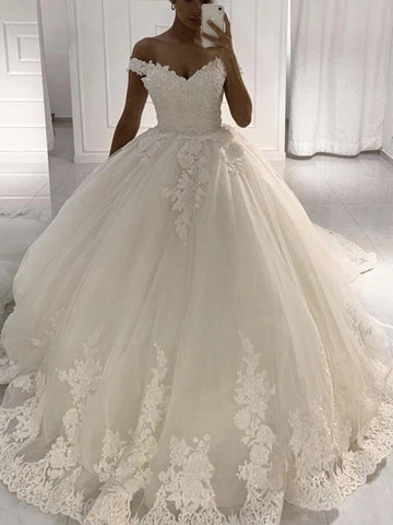 Off Shoulder A-line Lace Tulle Wedding Dresses, Ball Gown Dresses, Popular Wedding Gown