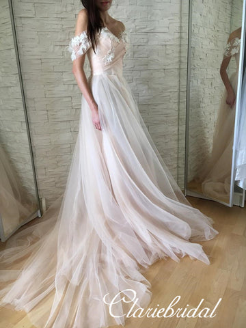 Off Shoulder Appliques A-line Tulle Wedding Dresses