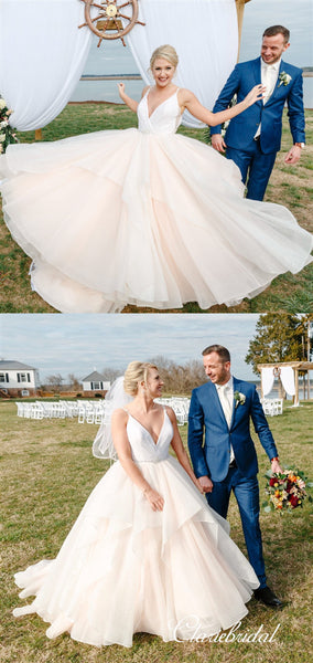 V-neck Blush A-line Tulle Beaded Long Wedding Dresses