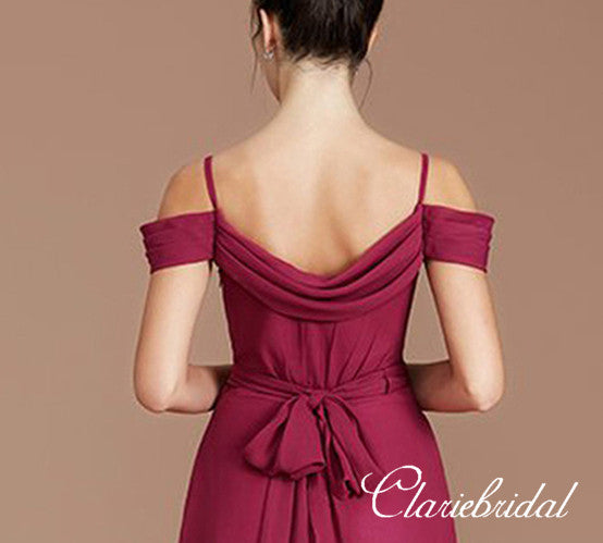 Burgundy Off Shoulder Long A-line Chiffon Bridesmaid Dresses