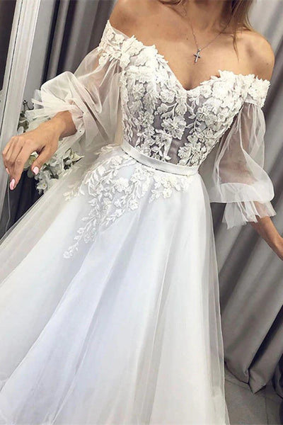 Off Shoulder Lace Tulle Wedding Dresses, Long Wedding Dresses, Bridal Gown, 2021 Wedding Dresses