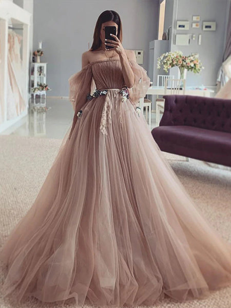 Off Shoulder Dark Nude Tulle Wedding Dresses, Country Wedding Dresses, 2021 Wedding Dresses, Bridal Gown