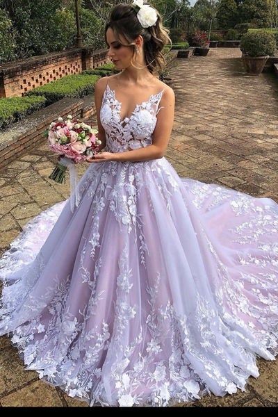 A-line Lace Floral Pink Wedding Dresses, Flower Elegant Wedding Gowns, Romantic Bridal Wedding Dresses