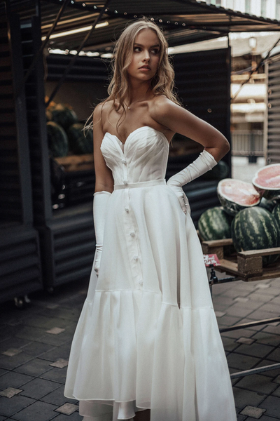Sweetheeart Hi-low Chiffon Wedding Dresses With Golves, Chic Wedding Dresses, Long Wedding Dresses, Bridal Gown