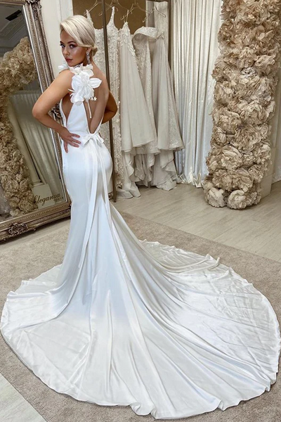Popular Mermaid Design Wedding Gowns, Open Back Fashion Wedding Dresses, Satin Wedding Dresses