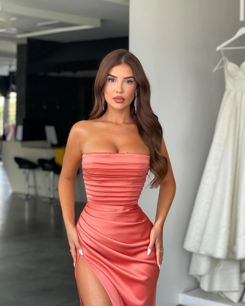 Strapless High Side Slit Prom Dresses, Sexy 2023 Prom Dresses, Popular Evening Party Dresses