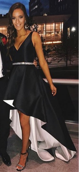 V-neck Hi-Low Black Satin Prom Dresses With Beaded Belt, Chic Prom Dresses, Long Prom Dresses