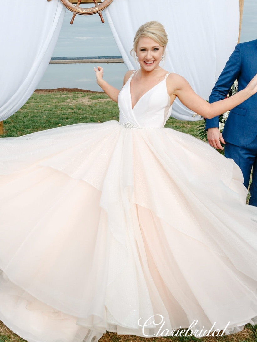 V-neck Blush A-line Tulle Beaded Long Wedding Dresses