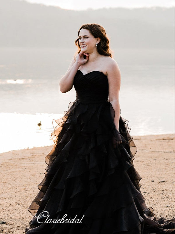 Sweetheart Black Wedding Dresses, Strapless Unique Wedding Dresses