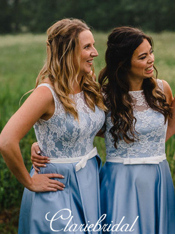 Lace Top Blue Satin Short Bridesmaid Dresses