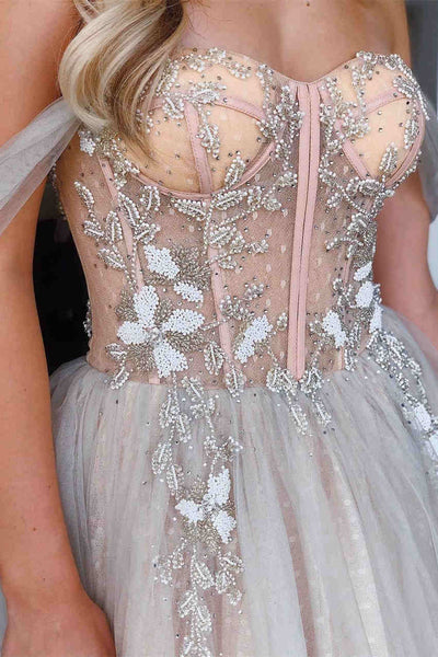 Off Shoulder A-line Prom Dresses, Lace Appliques Beaded Prom Evening Dresses