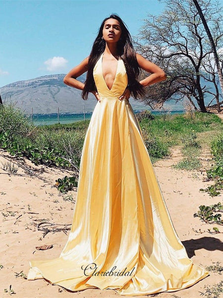 Deep V-neck A-line Long Prom Dresses, Simple Cheap 2020 Long Prom Dresses