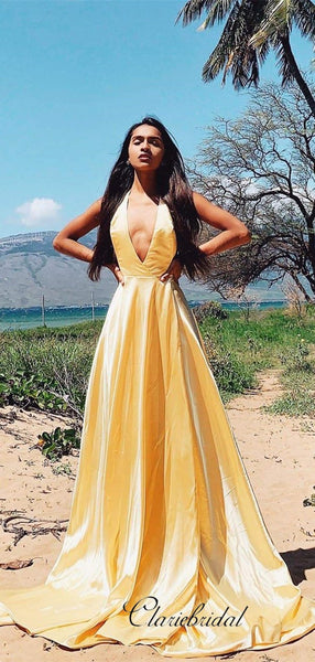 Deep V-neck A-line Long Prom Dresses, Simple Cheap 2020 Long Prom Dresses