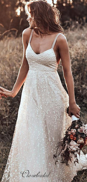 Straps Open Back Wedding Dresses, Elegant Lace Wedding Dresses