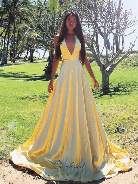 Deep V-neck A-line Long Prom Dresses, Simple Cheap 2020 Long Prom Dresses