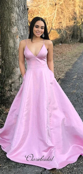 A-line Spaghetti Straps Long Prom Dresses, V-neck Prom Dresses, 2020 Prom Dresses