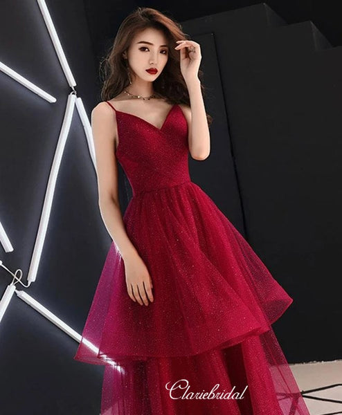 Glitter A-line 2020 Long Prom Dresses, Burgundy V-neck Newest Prom Dresses