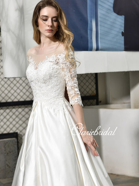 Half Sleeves Lace Satin Wedding Dresses, Long Wedding Dresses, Ivory Satin Lace Wedding Dresses