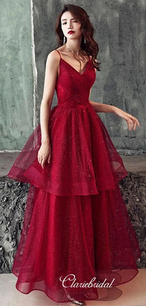 Glitter A-line 2020 Long Prom Dresses, Burgundy V-neck Newest Prom Dresses