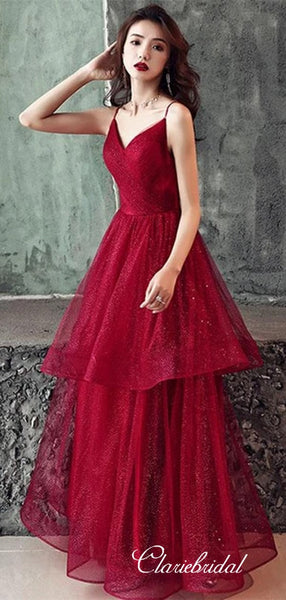 Glitter A-line 2020 Long Prom Dresses, Burgundy V-neck Newest Prom Dresses