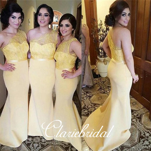 One Shoulder Lace Top Yellow Jersey Long Bridesmaid Dresses