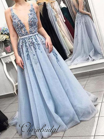 Sexy Deep V-neck Beaded Long Prom Dresses, A-line New Prom Dresses