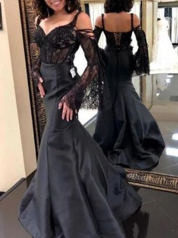 Elegant Black Lace Long Prom Dresses, Mermaid Newest Prom Dresses