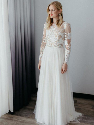 Long Sleeves Popular Lace Wedding Dresses, Fashion Simple Wedding Dresses