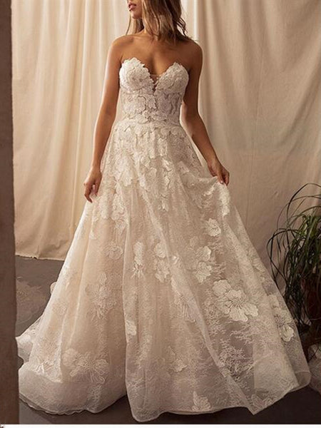 Strapless A-line Wedding Dresses, 2020 Sweetheart Lace Wedding Dresses