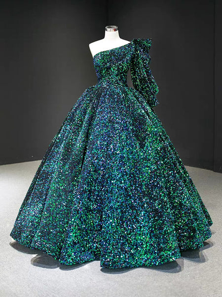 One Shoulder Sequins A-line Shiny Prom Dresses, Luxury Fashion 2021 Long Prom Dresses