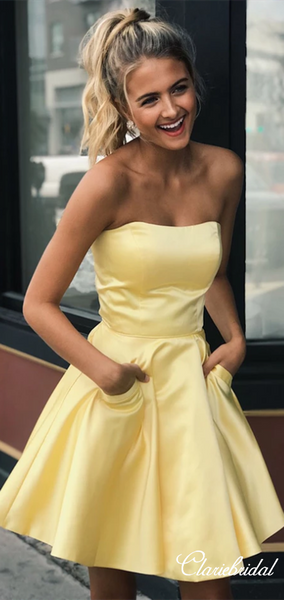 Strapless Yellow Satin Short Homecoming Dresses With Pockets