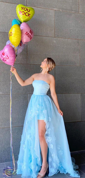Light Blue Elegant 2020 Long Prom Dresses, Strapless Appliques Prom Dresses