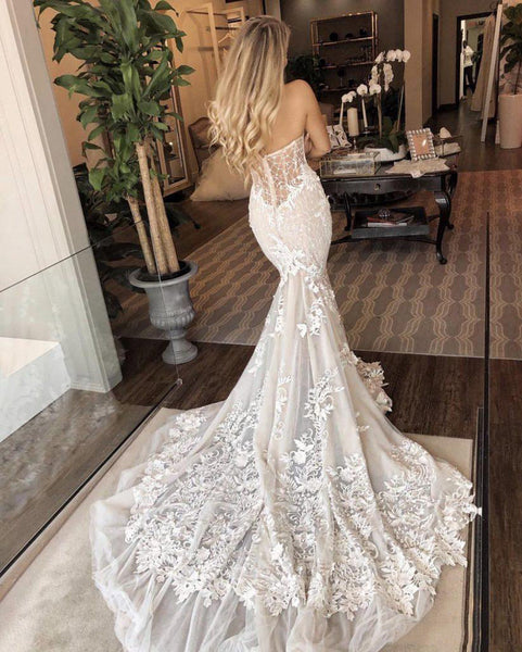 Sweetheart Strapless Lace Wedding Dresses, Elegant Mermaid Lace Bridal Gowns