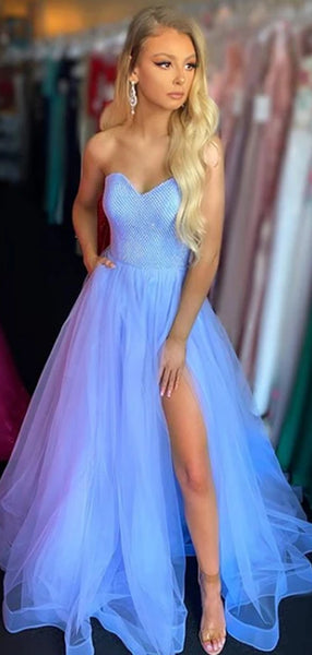 Strapless A-line Tulle Long Prom Dresses, Sweetheart 2020 New Prom Dresses