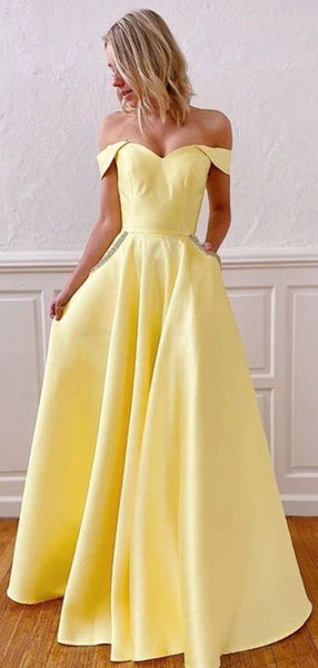 Off The Shoulder Yellow Satin Long Prom Dresses, Beaded Prom Dresses With Pocket